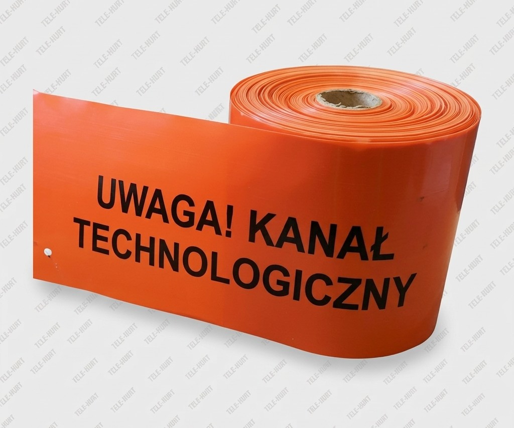 Pomarańczowa taśma ostrzegawcza z nadrukiem Uwaga kanał technologiczny